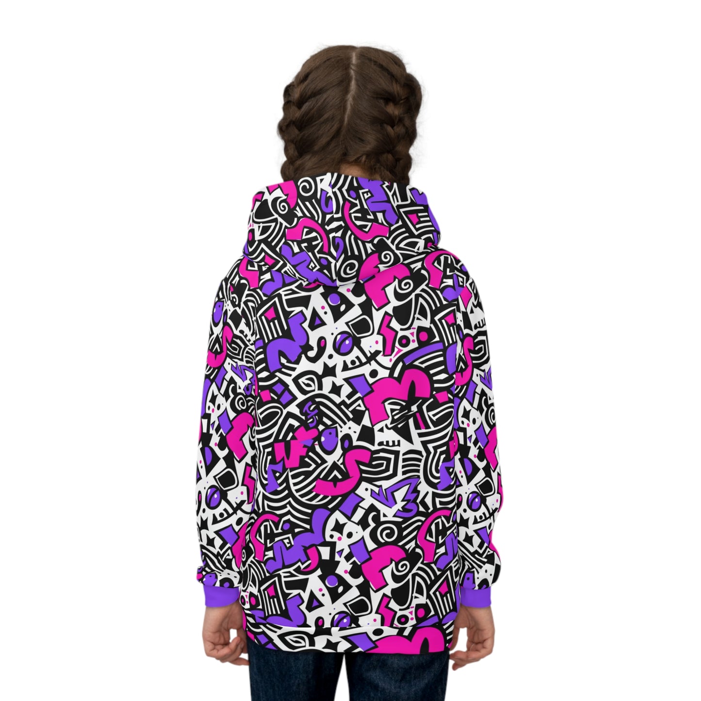 Colorful Memphis Pattern Kids Hoodie,  All-Over Print, Front Kangaroo Pocket