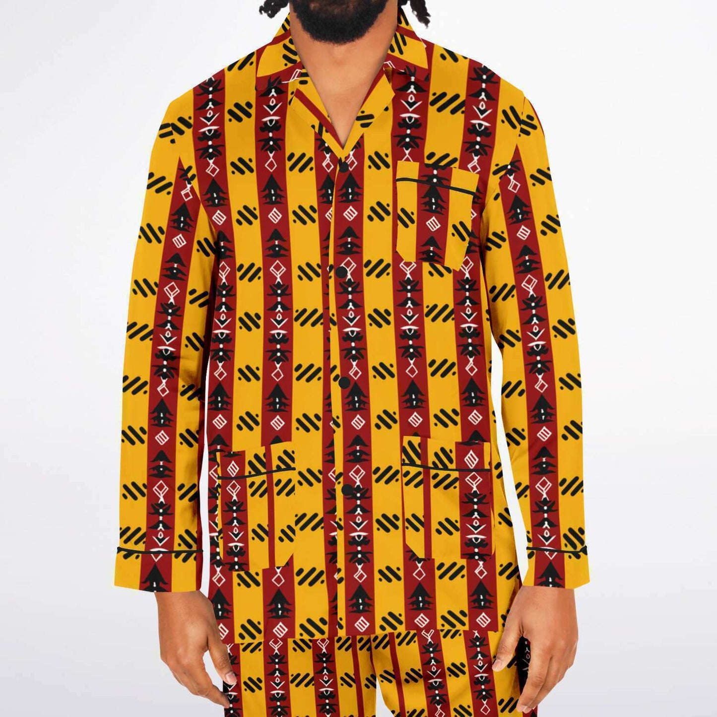 Cardinal & Gold College Colors Inspired Mens African Print Satin Pajama Set | Trojan Alum African Print Mens Sleepwear - Ships Free