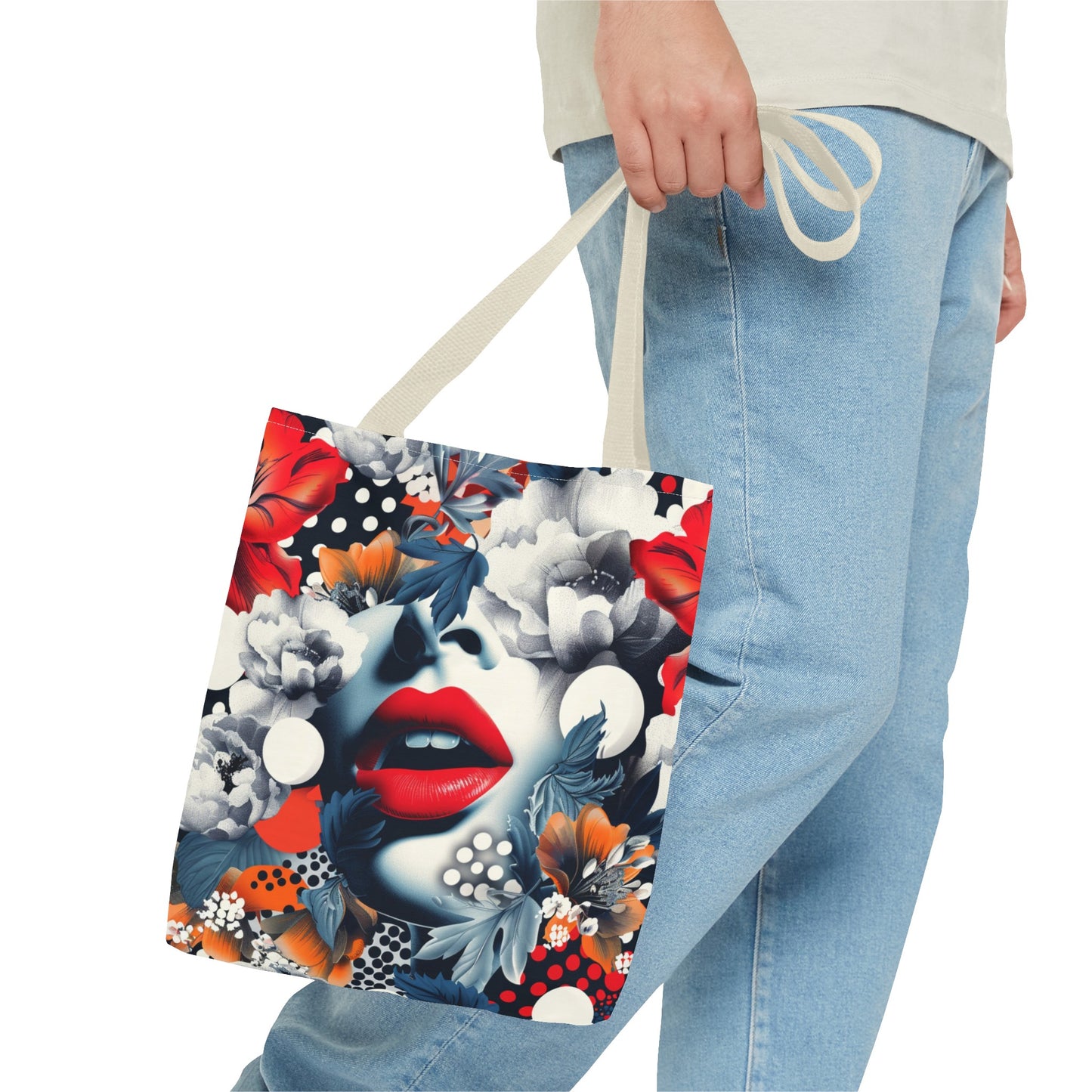 Artistic Floral High Fashion Tote Bag, Modern Polka Dot Carryall