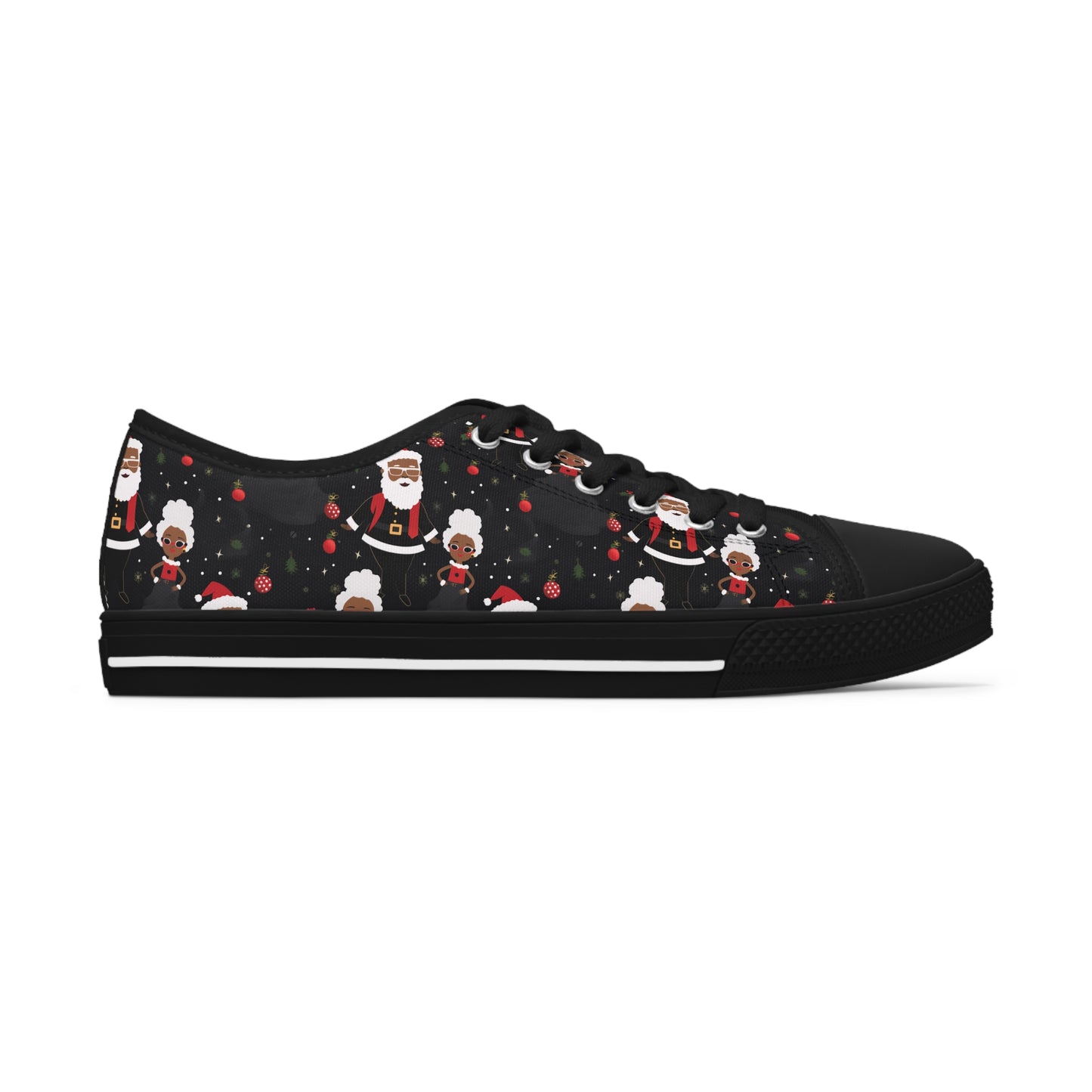 Black Santa and Mrs Claus Festive Christmas Low Top Tennis Shoes, Unique Women's Holiday Sneakers