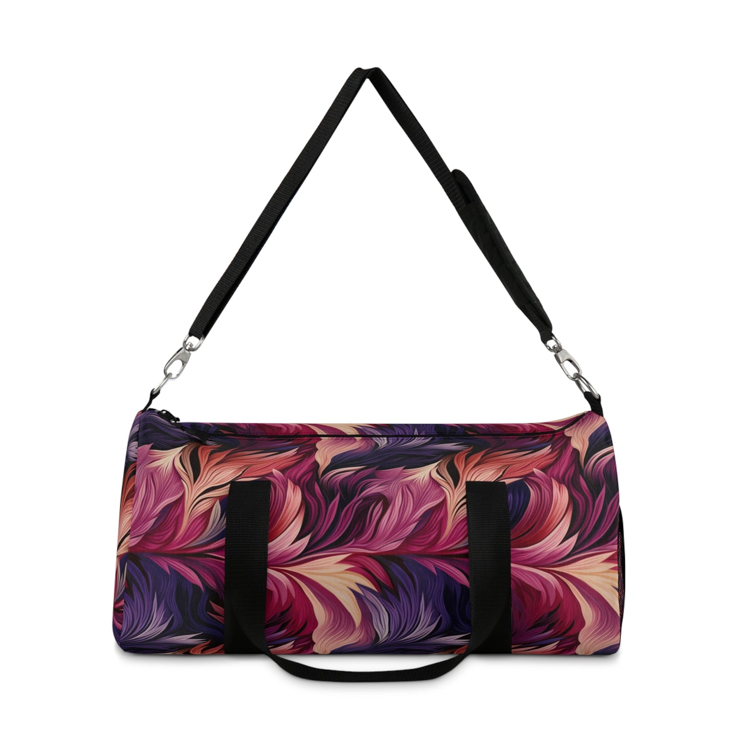 Unique Purple and Pink Swirl Gym Bag, Fine Feather Detail, Rich Color Contrasts, Leaf Patterns