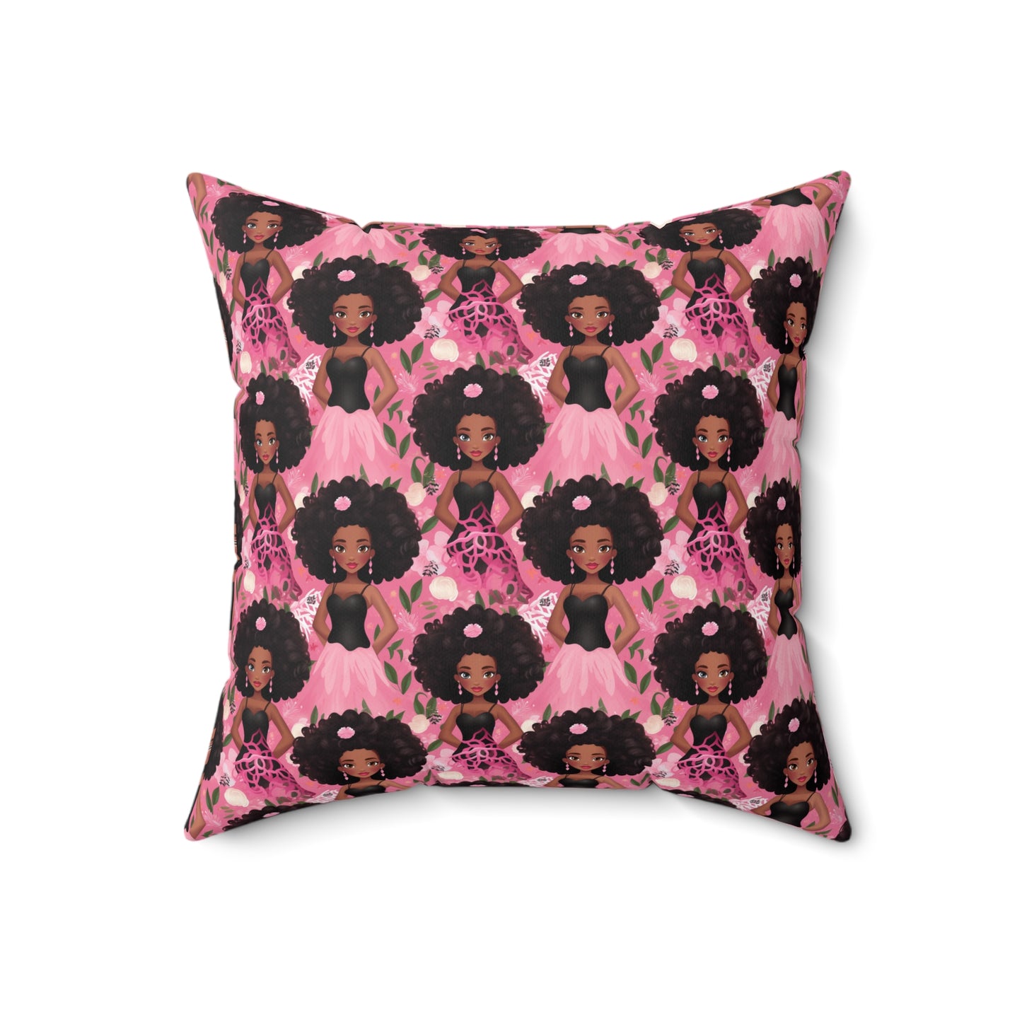 Black Baby Doll Throw Polyester Pillow, Pink African American Baby Doll Pillow