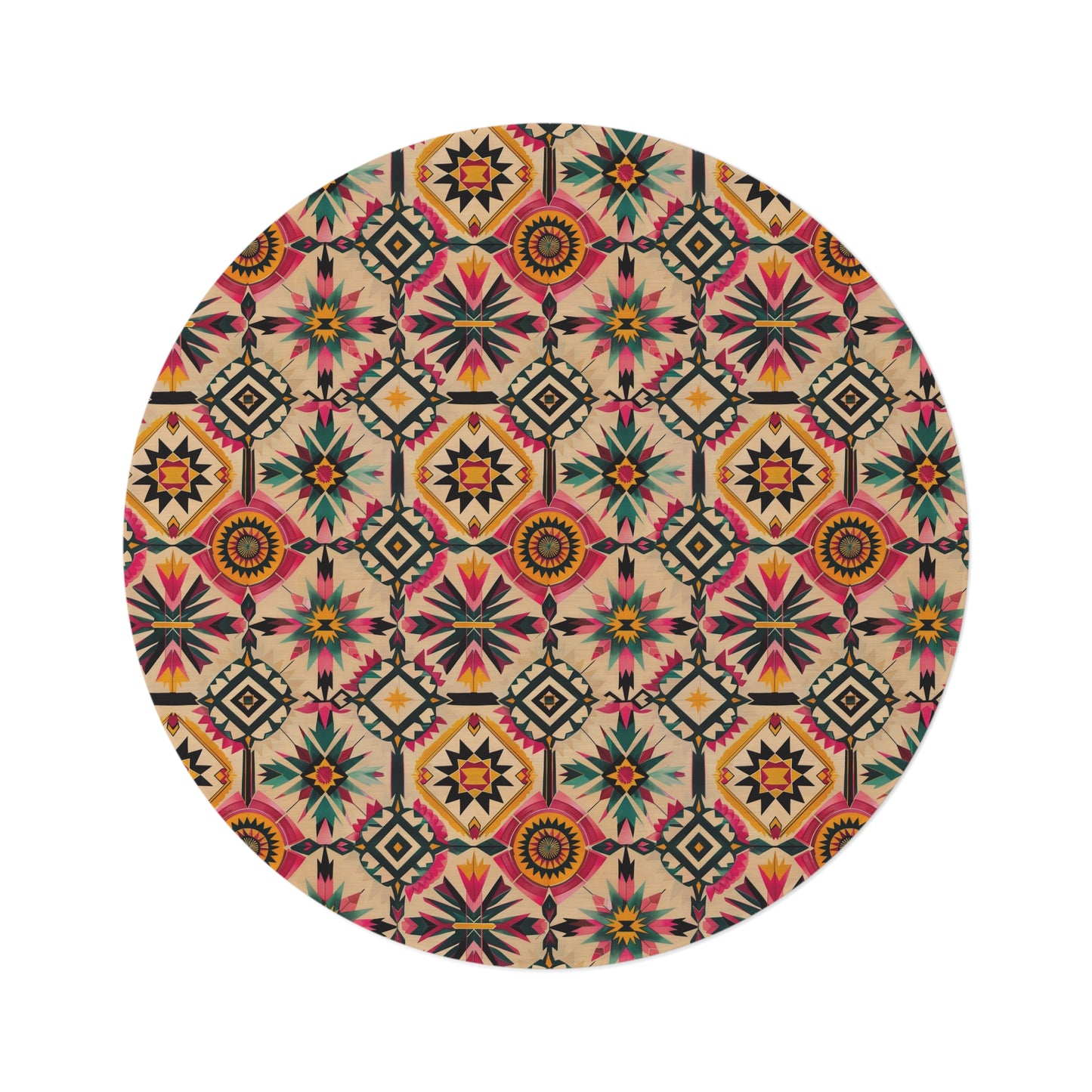 Vivid Tribal Tapestry Round Rug - 60" Plush Polyester Chenille - Cultural Home Decor