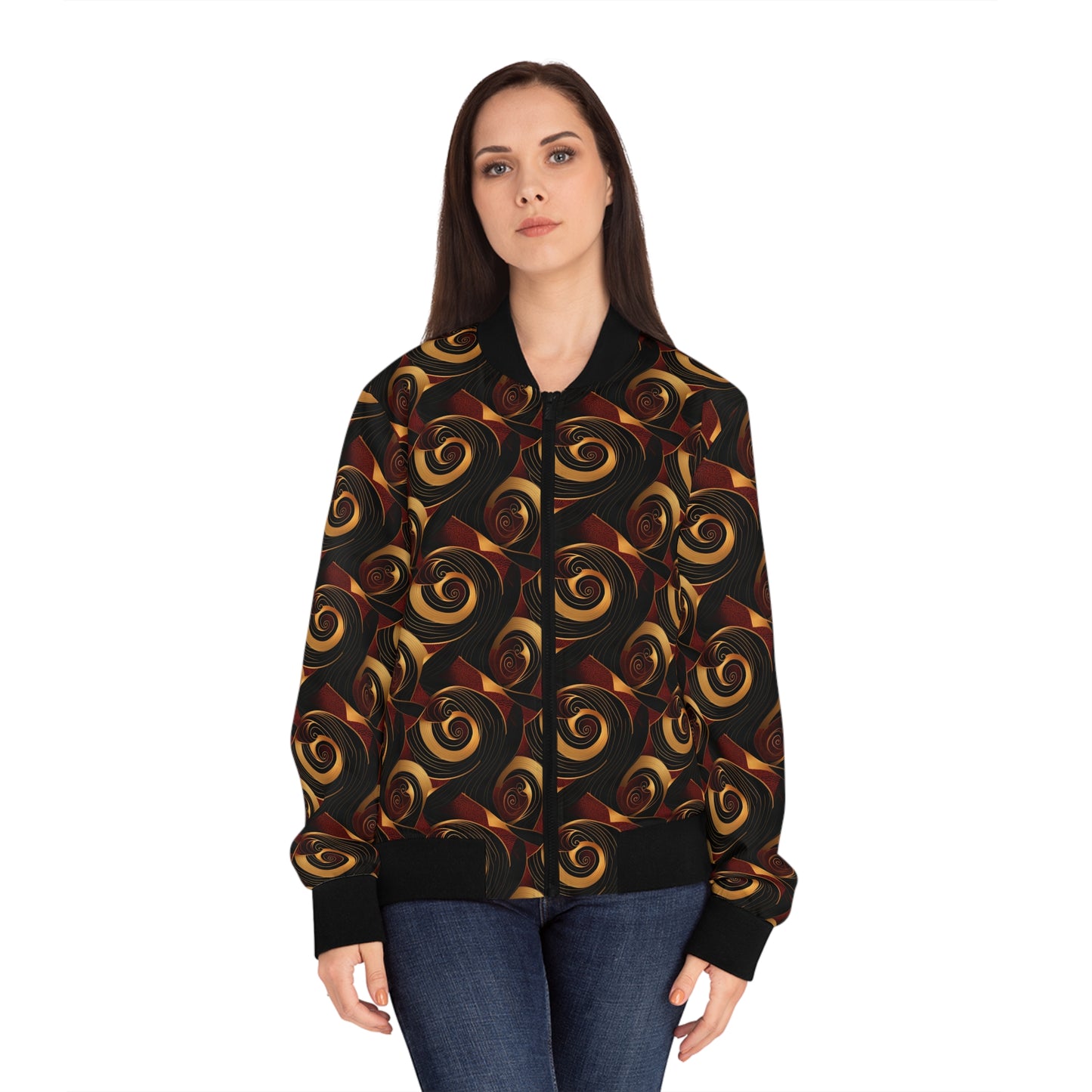 Crimson, Gold & Black Women's African Ankara Print Bomber Jacket