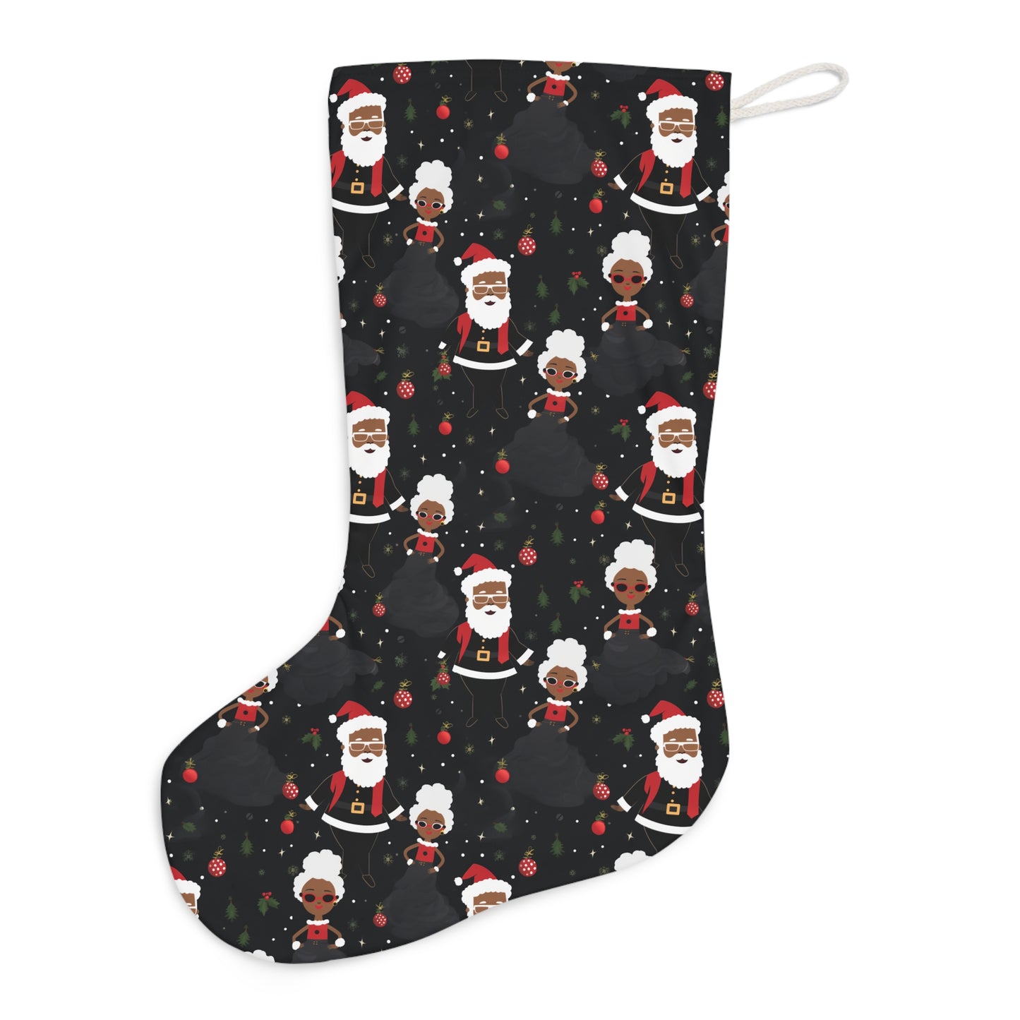 Black Santa & Mrs Claus Print Holiday Stocking, African American Santa