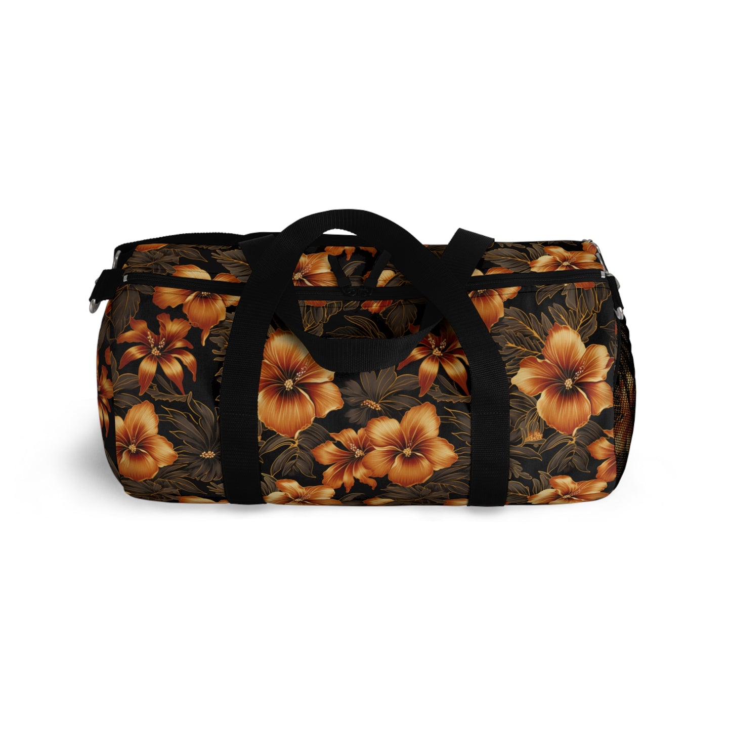 Golden Floral Hawaiian Print Duffle Bag, Black & Yellow Hawaiian Gym Bag