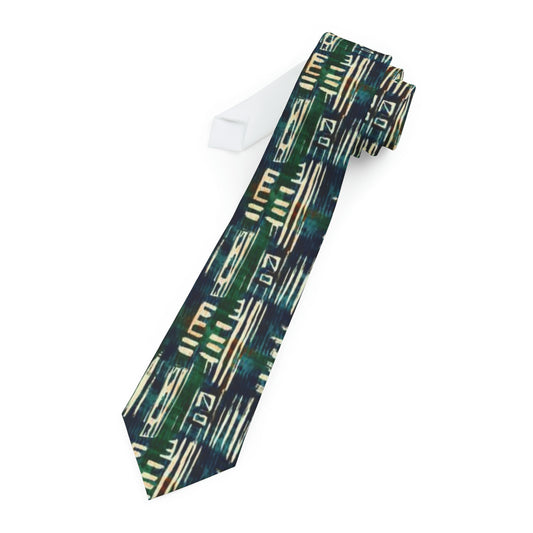 Green & Beige Mud Cloth African Print Neck Tie,  Ethnic Print Men's Fashion Neckwear