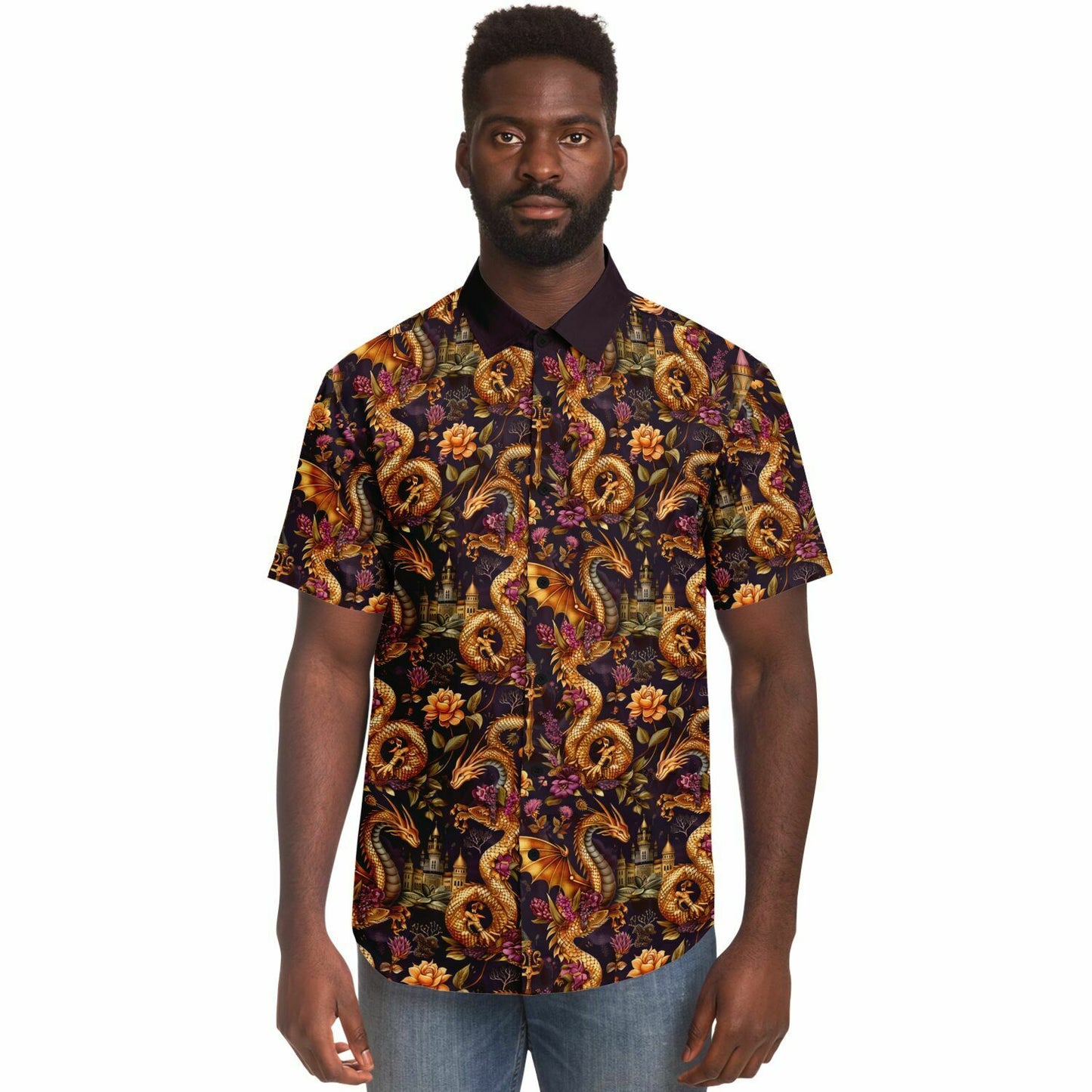 Fantasy-Themed Dragon Print Men's Short Sleeve Button Down Shirt, Gold and Purple Design