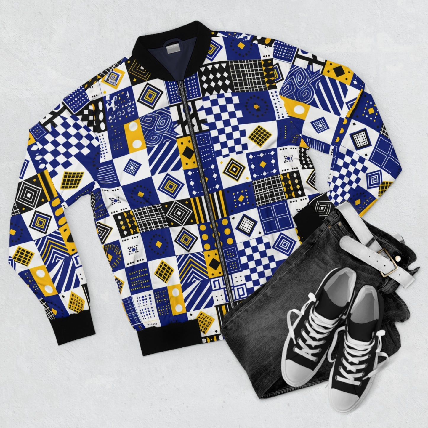 African Tribal Inspired Geometric Bomber Jacket - Vibrant Blue, Yellow, and White Pattern for Men and Women, Modern Streetwear, Sizes XS-5XL