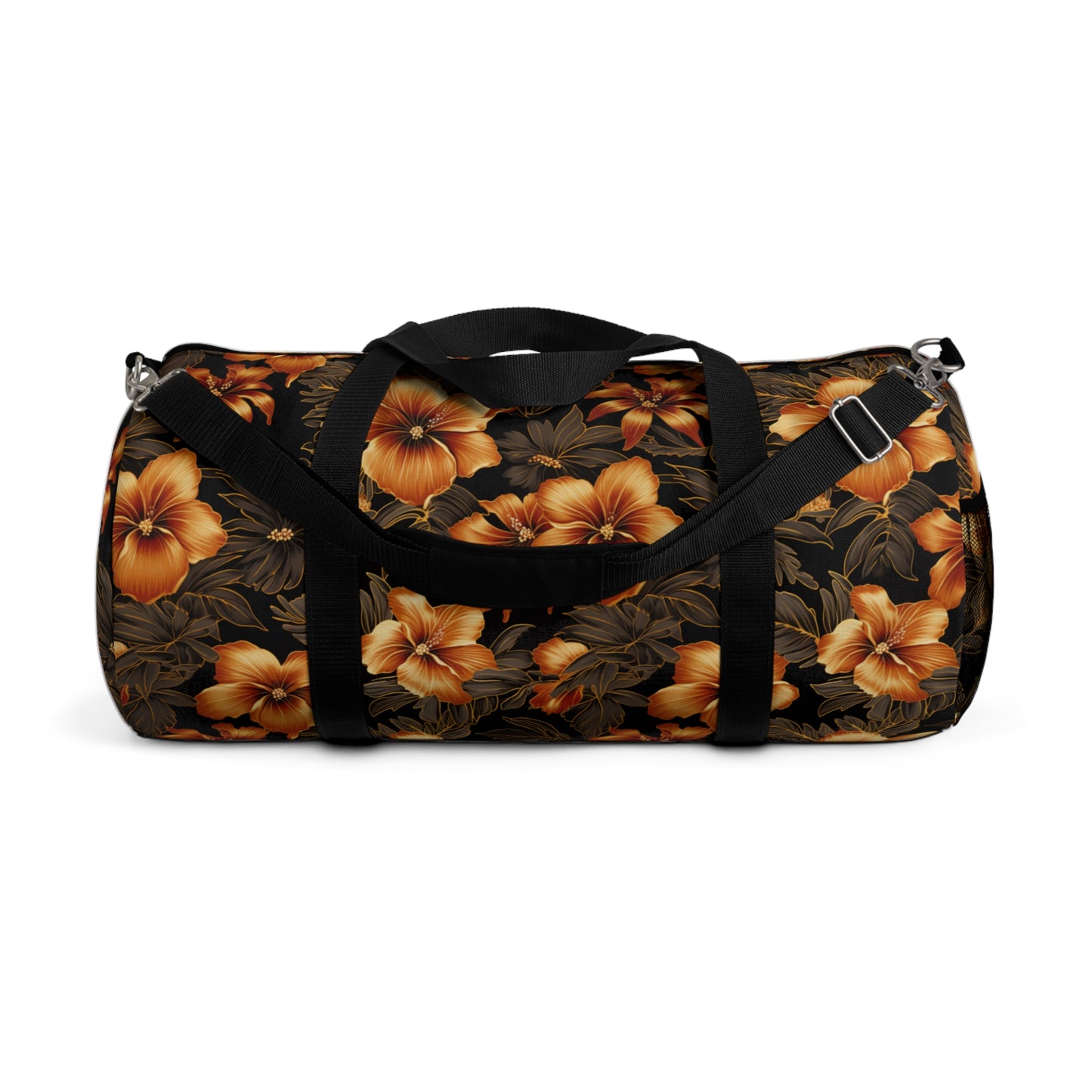 Golden Floral Hawaiian Print Duffle Bag, Black & Yellow Hawaiian Gym Bag