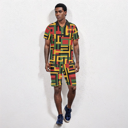 Kente Cloth Print Men's Two-Piece Short Set, Cultural & Stylish Mens Ensemble