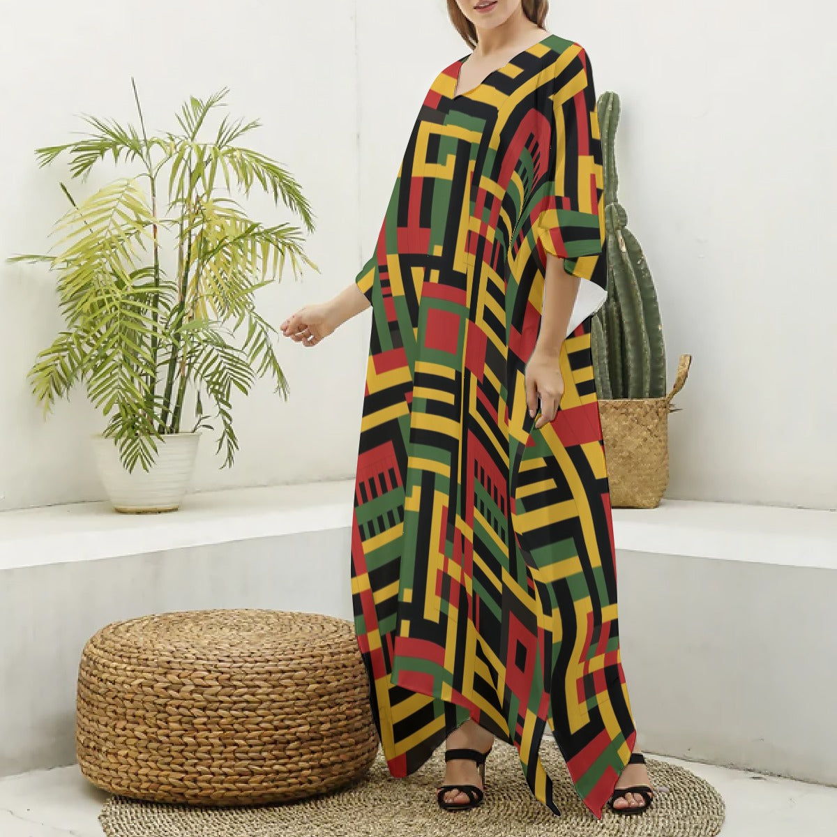 African Kente Cloth Imitation Silk V-neck Kaftan Robe, African Print Resort Fashion