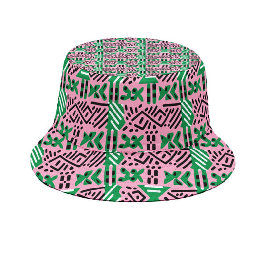 African Mud Cloth Bucket Hat, AKA Sorority Pink Green Apparel, Cultural Print Fashion