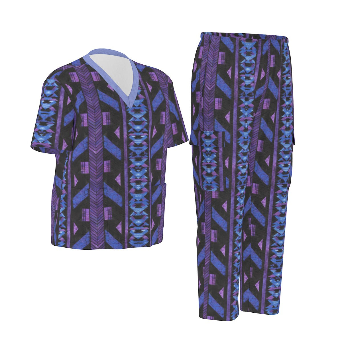 Purple & Blue African Print Unisex Scrub Set, Abstract Tribal Print Medical Uniform