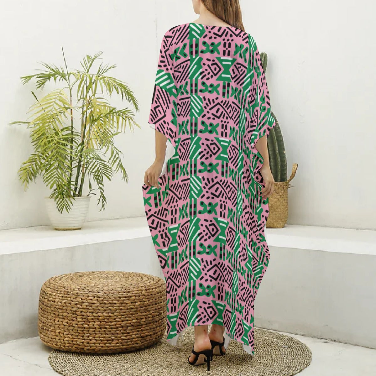 AKA Sorority Color Tribute African Mud Cloth Kaftan Dress, Pink & Green Imitation Silk Robe