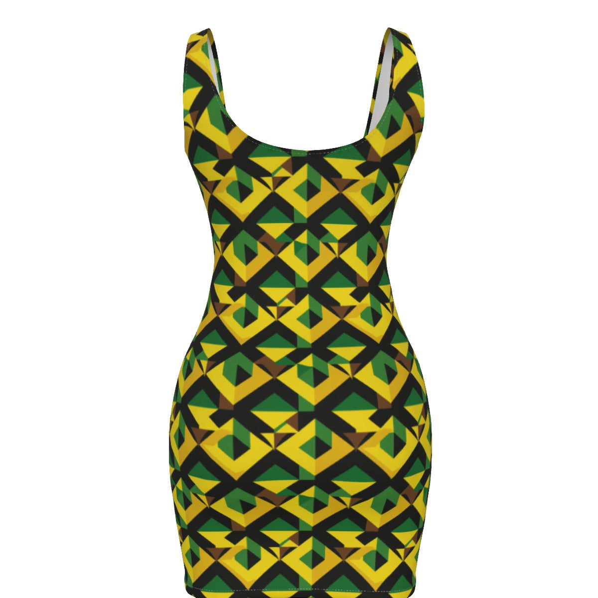 Jamaican Flag Inspired Bodycon Dress, Green, Yellow, and Black Geometric Print Caribbean Themed Apparel,