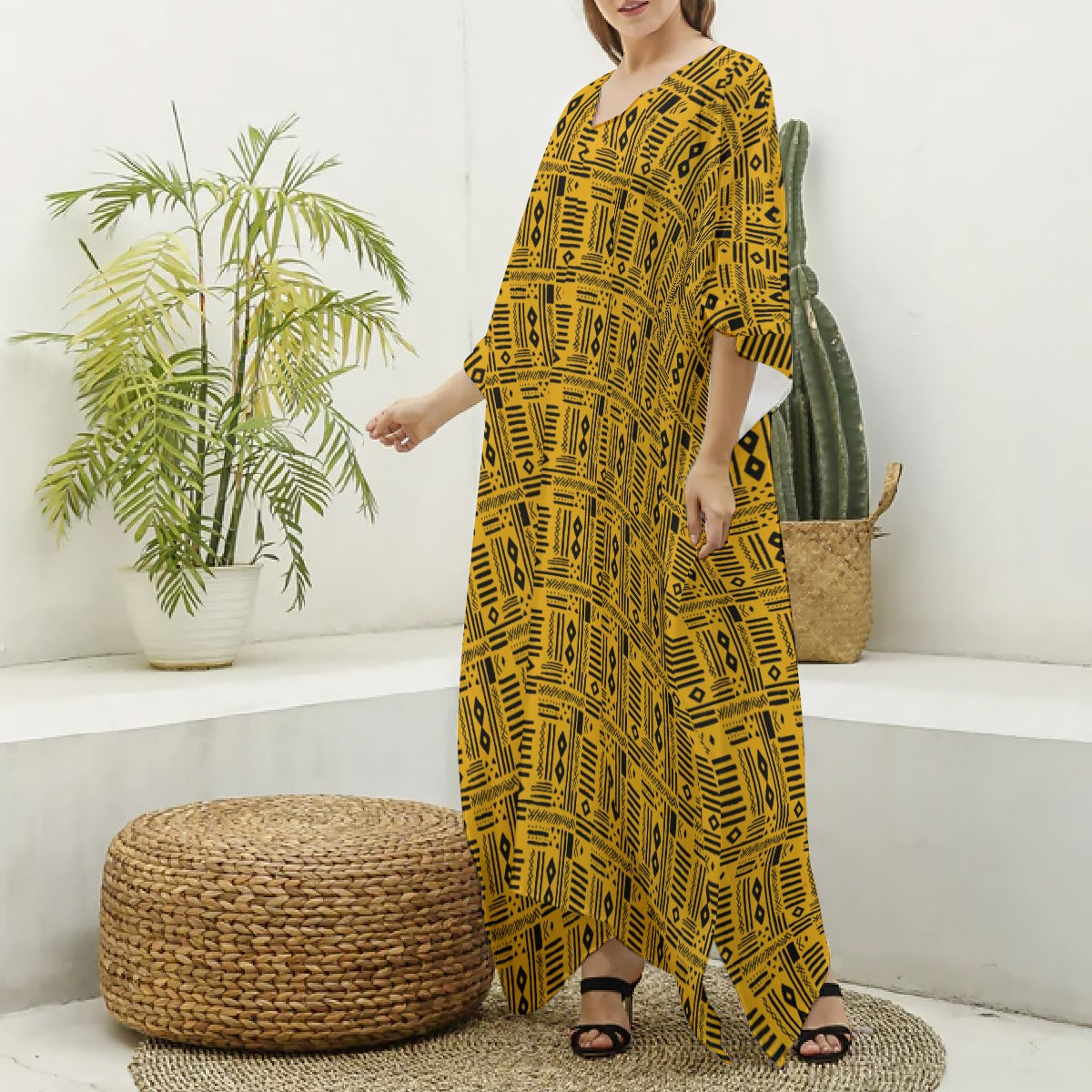 Women's Yellow & Black African MudCloth V-neck Kaftan Robe