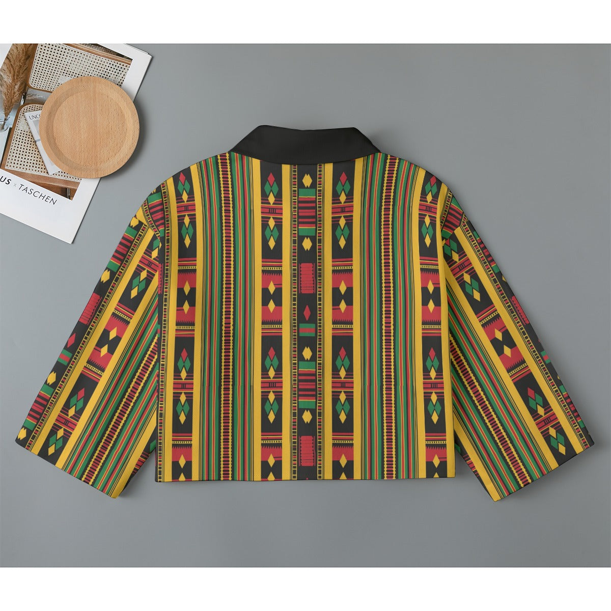 Kente-Inspired Pattern Print Cropped Cotton Jacket, Denim-Look Women's Cardigan with Mid-Sleeves