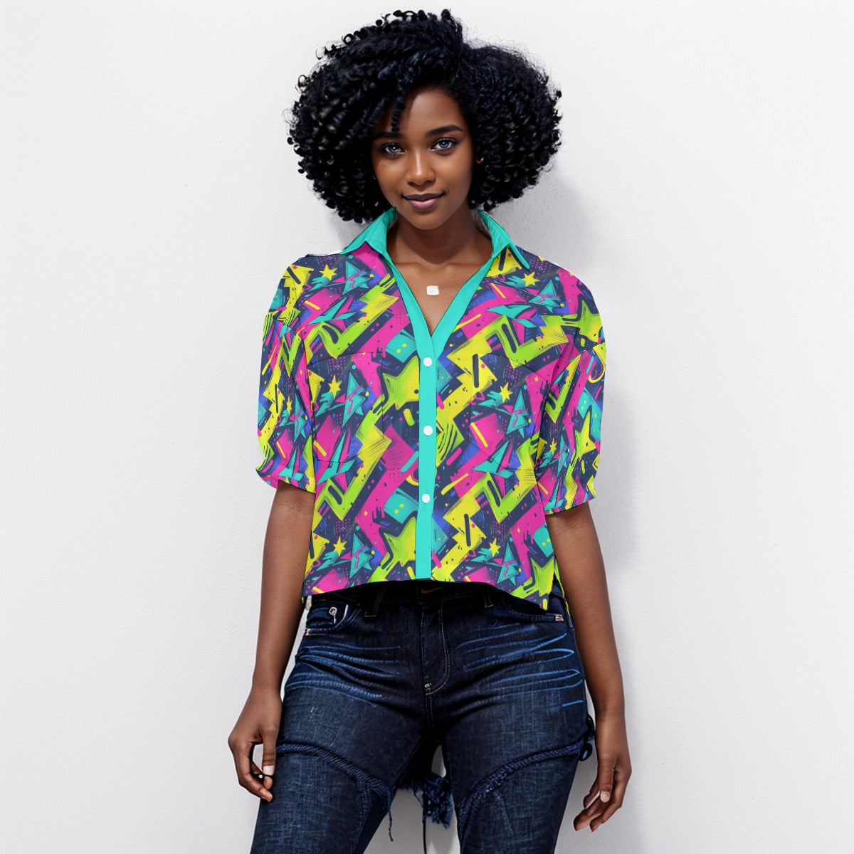 Women's Neon Green Hot Pink Blue Graffiti Street Art V-Neck Shirt, Streetwear Loose Fit Button Up