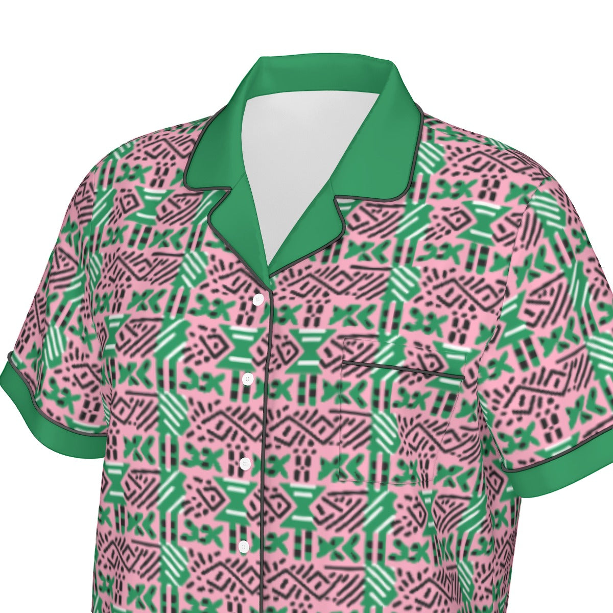 AKA Sorority-Inspired Silk Pajama Set - African Mud Cloth Print with Green Accents