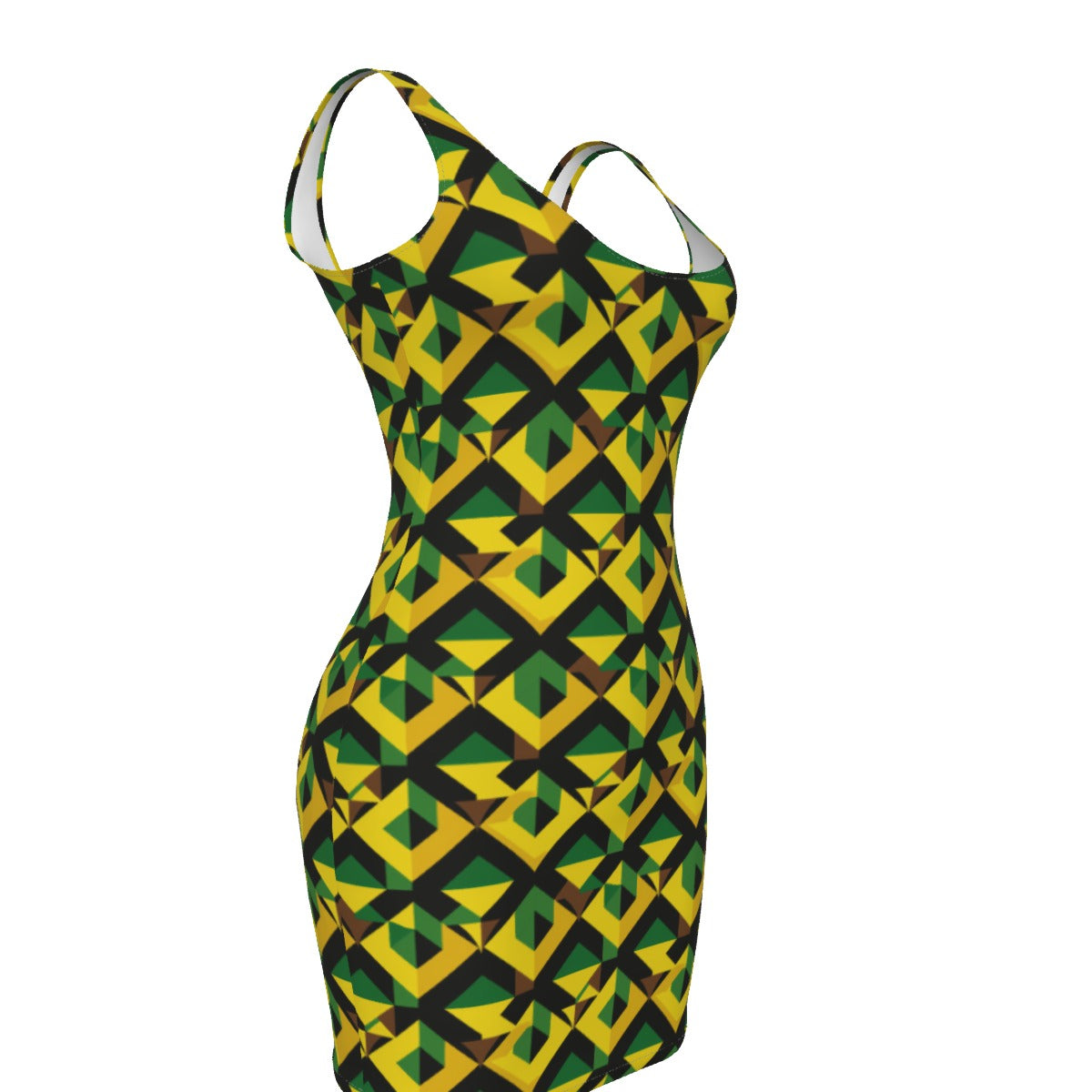 Jamaican Flag Inspired Bodycon Dress, Green, Yellow, and Black Geometric Print Caribbean Themed Apparel,