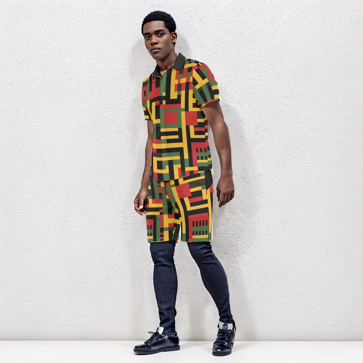 Kente Cloth Print Men's Two-Piece Short Set, Cultural & Stylish Mens Ensemble