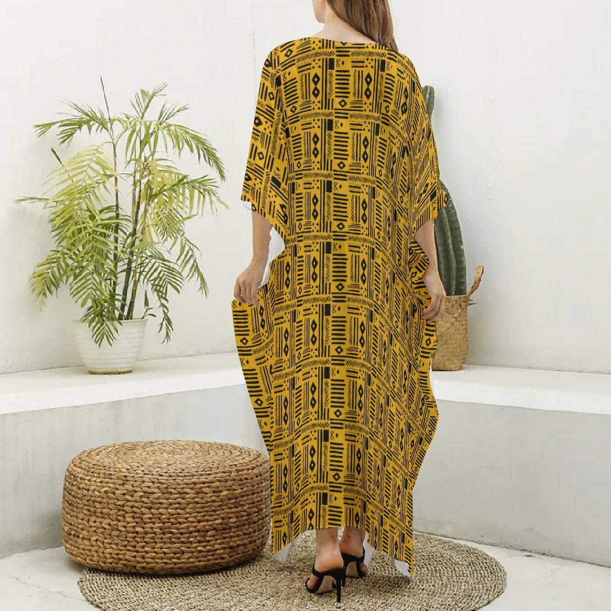 Women's Yellow & Black African MudCloth V-neck Kaftan Robe