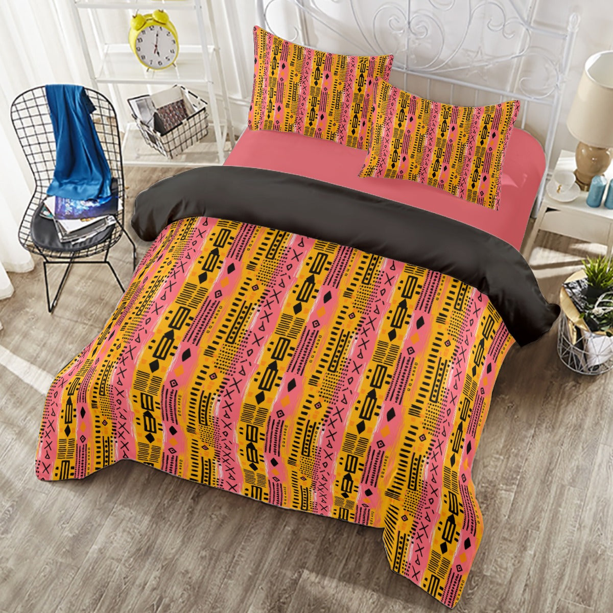 Sunset Hues African Mud Cloth Print Duvet Cover Set, Pink and Amber Bedding, Zippered Duvet Cover Set