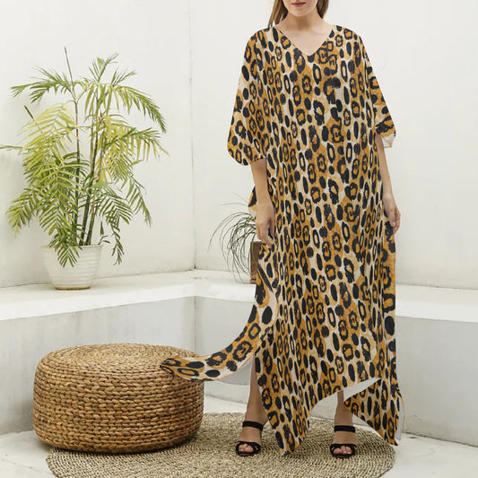 Leopard Print Kaftan, Exotic Animal Print Silk Beach Cover Up