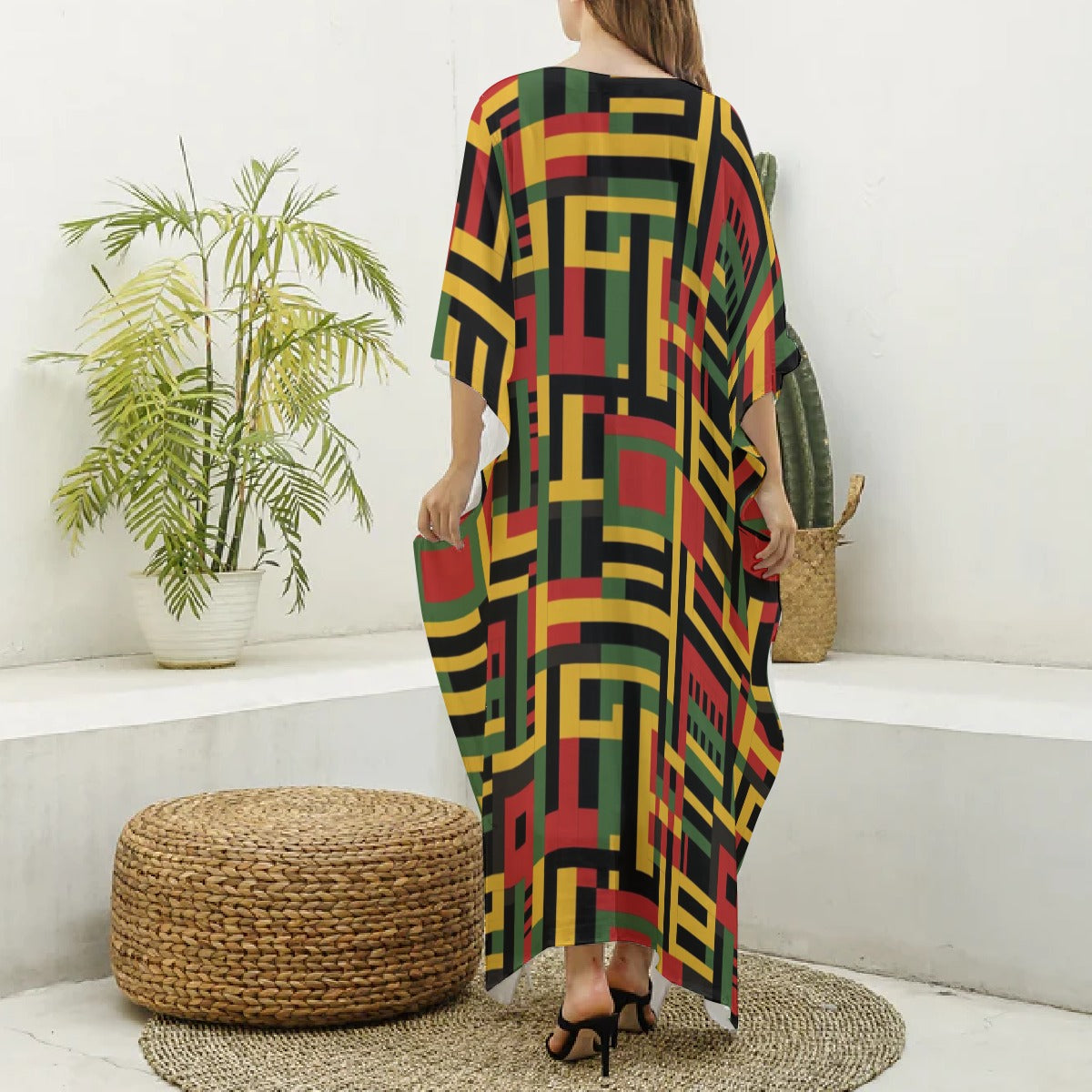 African Kente Cloth Imitation Silk V-neck Kaftan Robe, African Print Resort Fashion