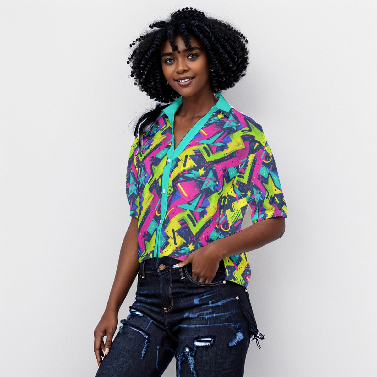 Women's Neon Green Hot Pink Blue Graffiti Street Art V-Neck Shirt, Streetwear Loose Fit Button Up