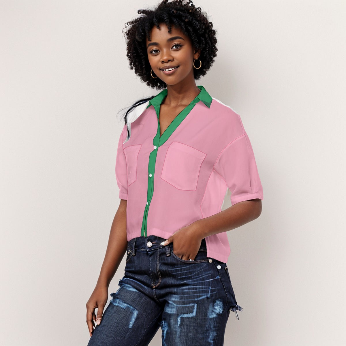 Sorority Spirit V-Neck Shirt in Pink and Green, AKA Inspired Casual Chic Blouse