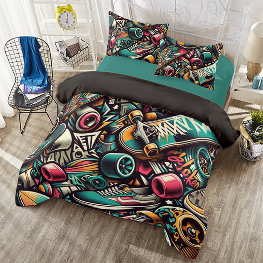 Skate Culture Graffiti Art 4 Piece Duvet Cover Set, Urban Street Style Bedding