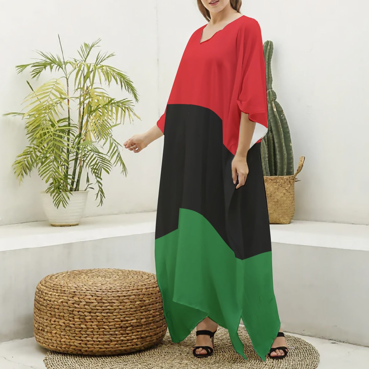 Red, Black, and Green Pan African Pattern V-Neck Silk Life Kaftan