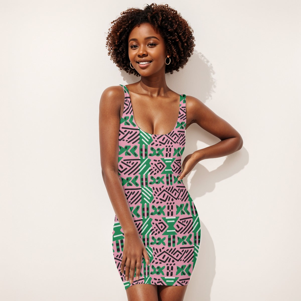 Pink & Green African Mud Cloth Print Bodycon Dress, AKA Sorority-Inspired Fashion, African Heritage Women's Fashion