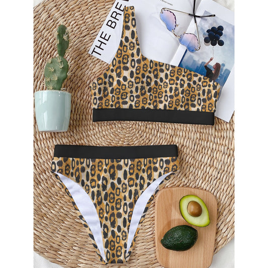 Chic Leopard Print One-Shoulder Bikini Set, Sleek Animal Pattern Swimwear with Single Strap Design