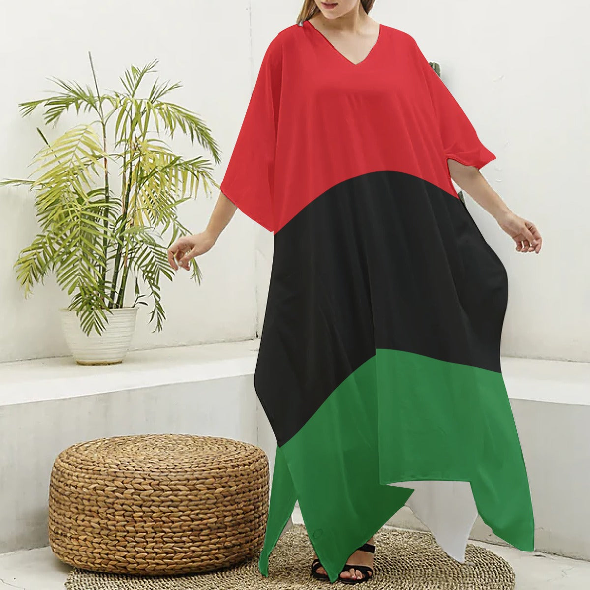 Red, Black, and Green Pan African Pattern V-Neck Silk Life Kaftan