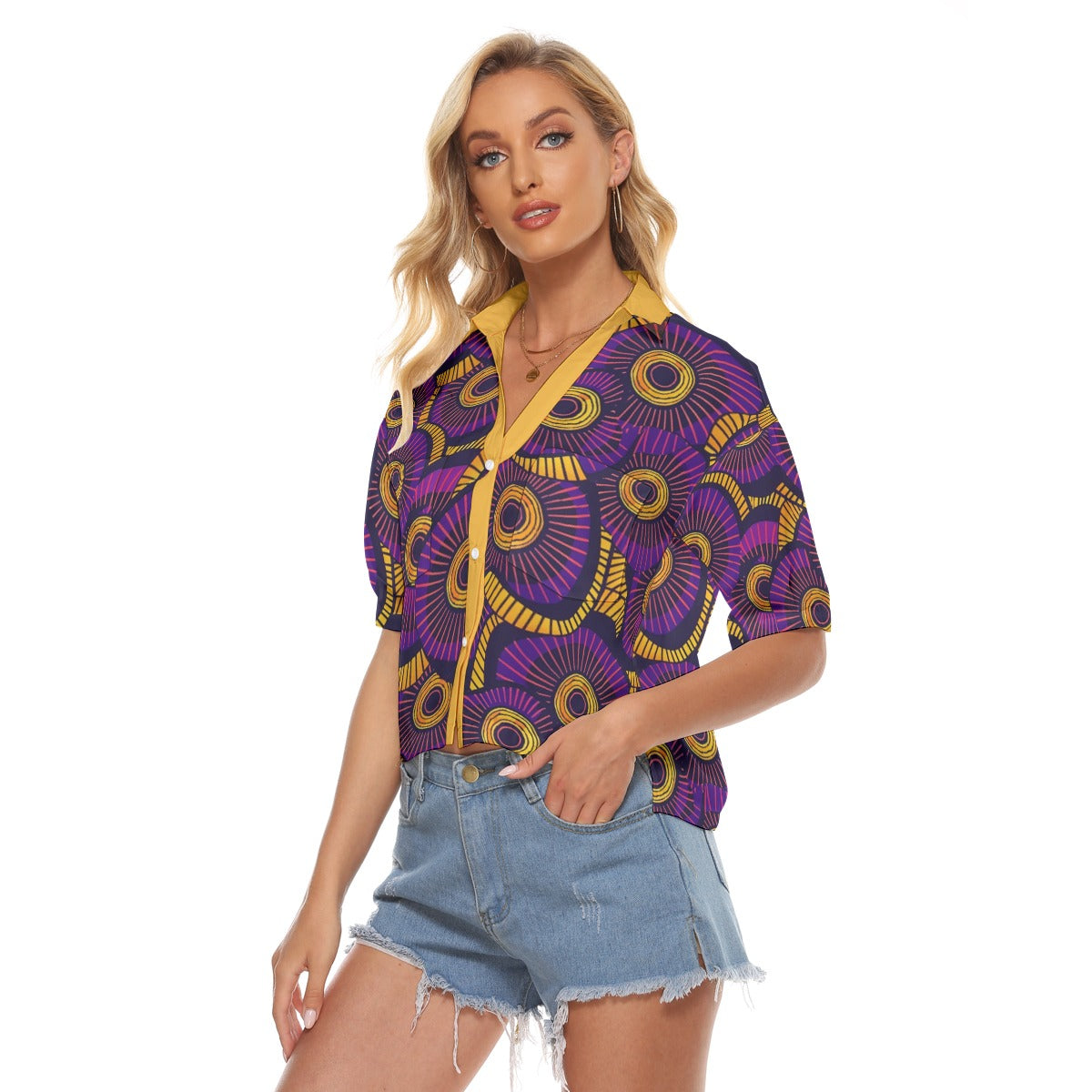 Vibrant African Print Women's V-Neck Shirt - Purple &amp; Orange Loose Fit Blouse