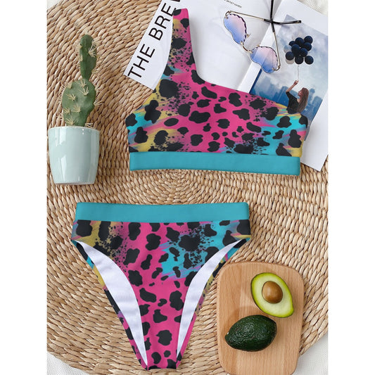 One-Shoulder Leopard Print Bikini with Contrast Hem, Animal Print Swimwear, Rainbow Themed Swimwear