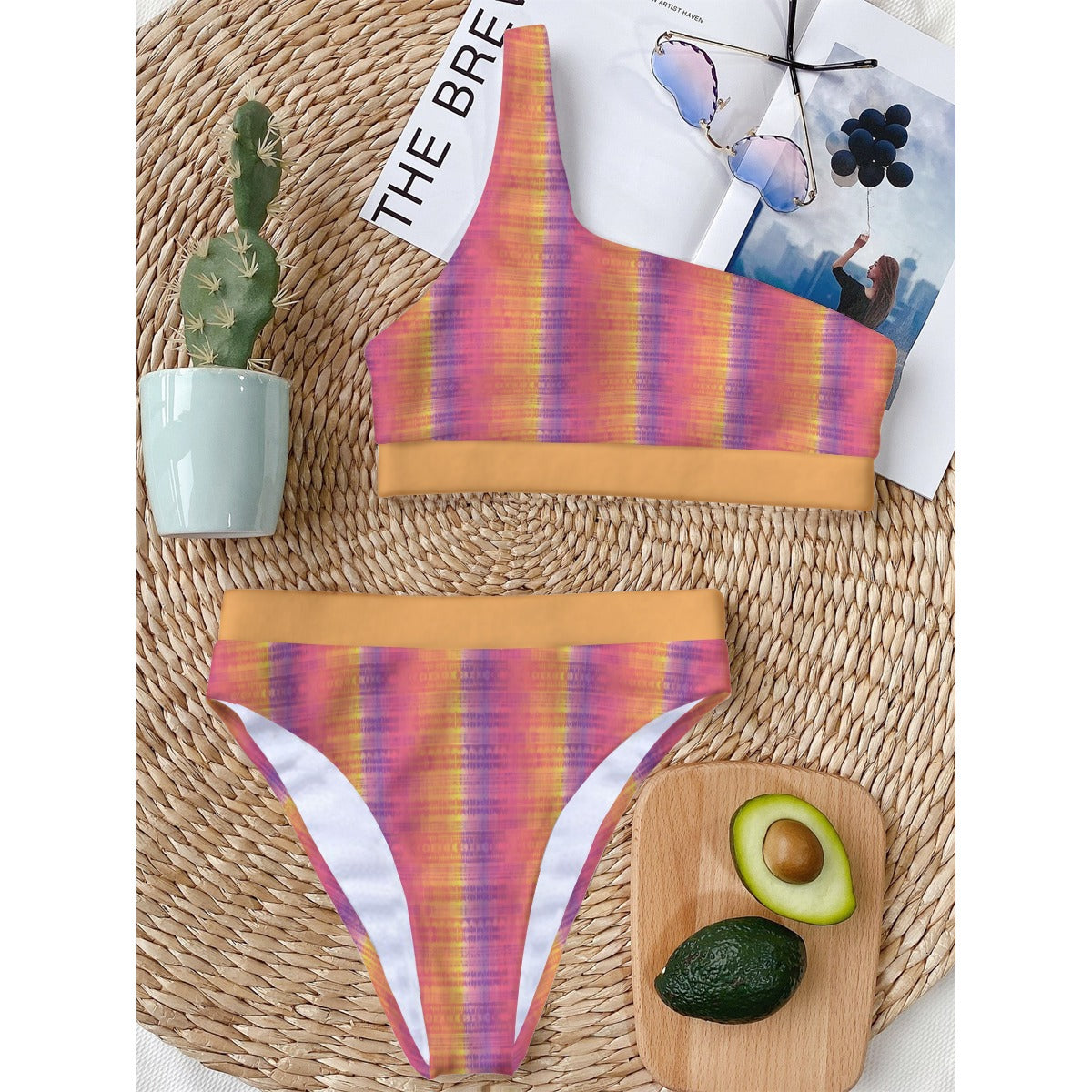 Sunset Mosaic One-Shoulder Geometric Bikini, Yellow Mosaic Swimwear, Curvy Vibrant Summer Swimwear, Neon Hue Beachwear