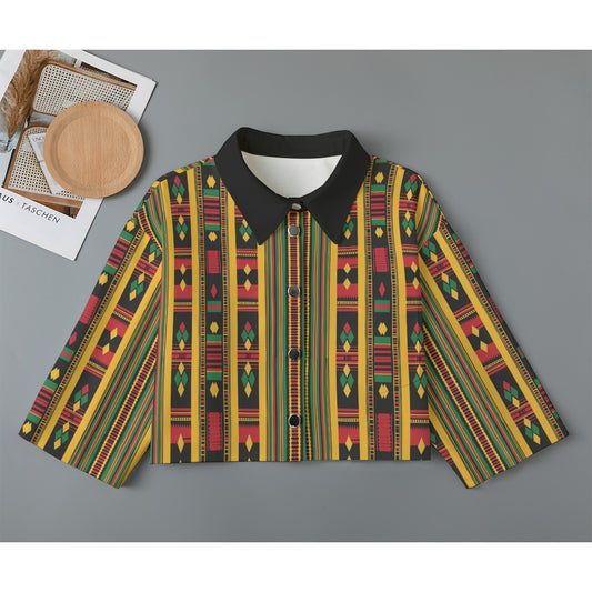 Kente-Inspired Pattern Print Cropped Cotton Jacket, Denim-Look Women's Cardigan with Mid-Sleeves