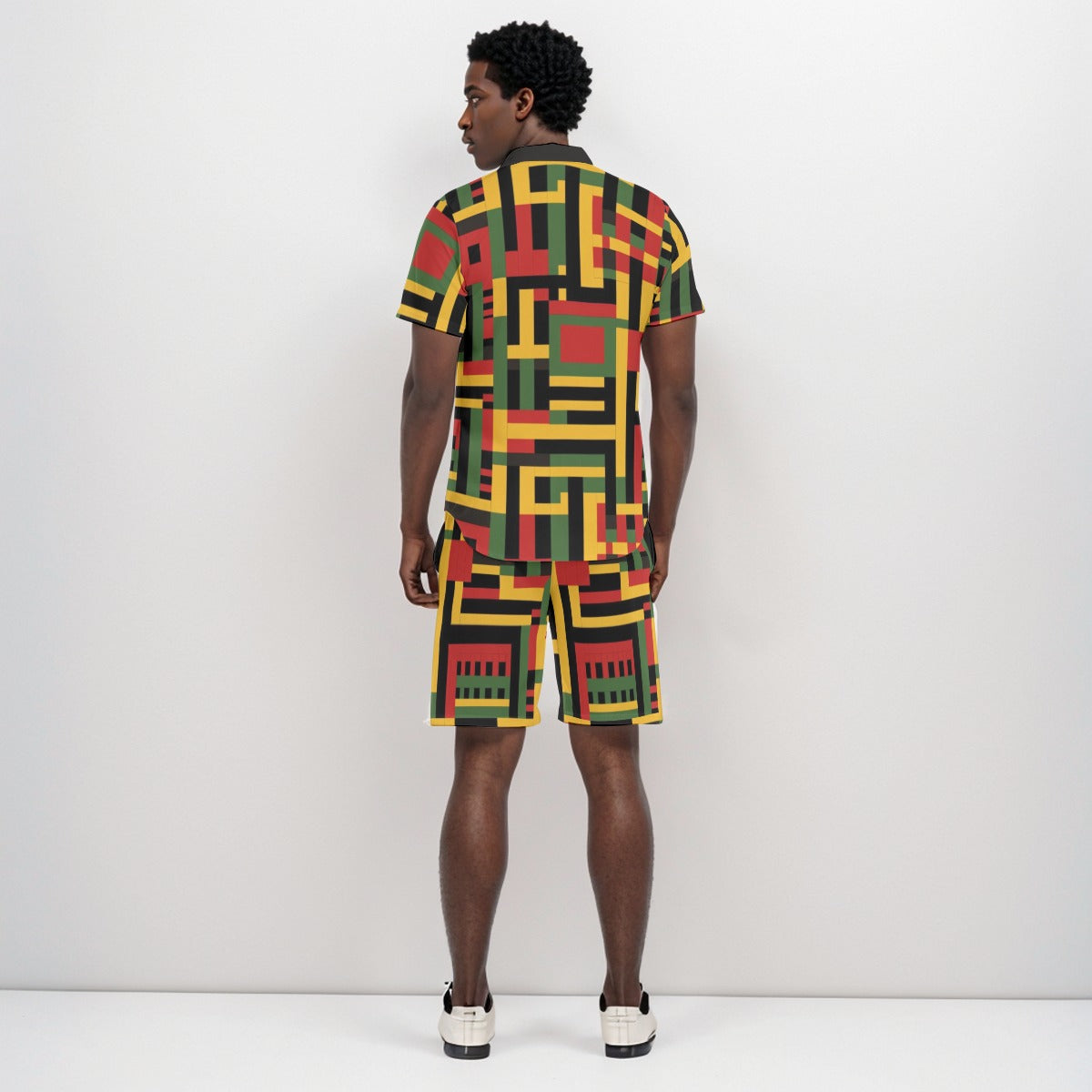 Kente Cloth Print Men's Two-Piece Short Set, Cultural & Stylish Mens Ensemble