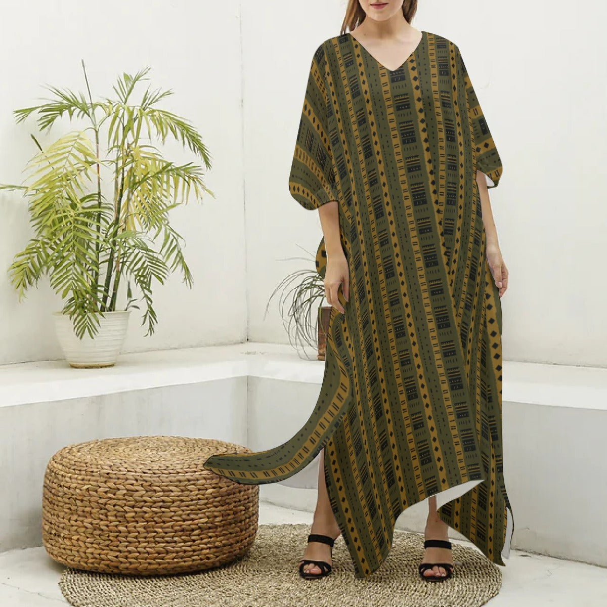 All-Over Print Women's Imitation Silk V-neck Kaftan Robe