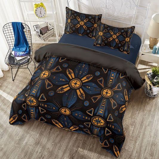 Celestial Blue and Bronze African Symbolic Print Duvet Cover Set, Celestial Blue Bedding, Blue and Bronze Bedroom Decor, African Print Cover