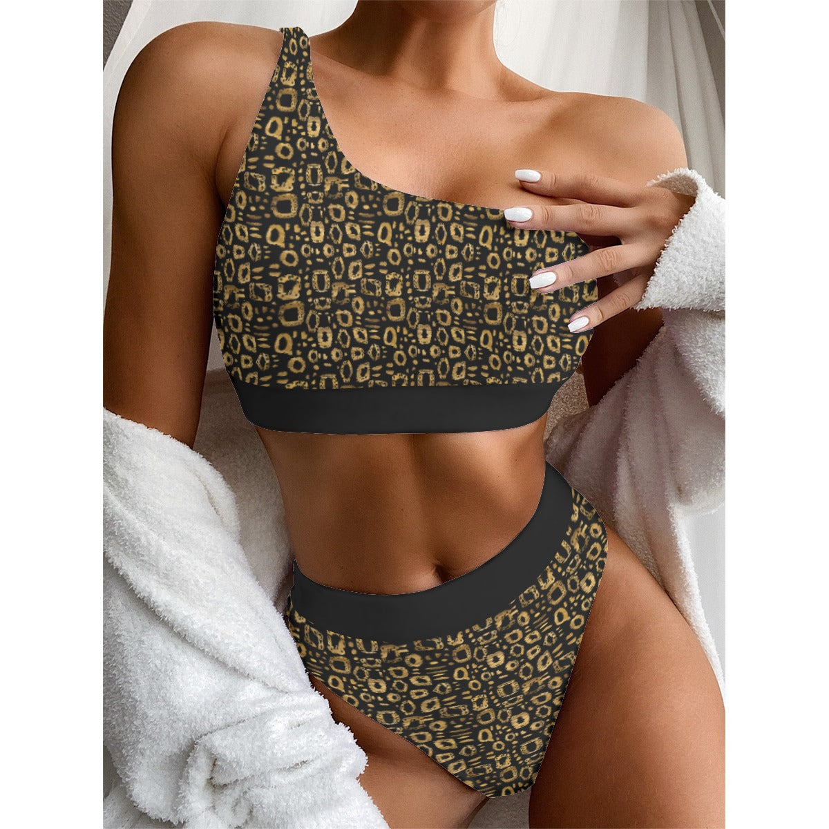 Single Shoulder Black & Brown Leopard Print Bikini with Black Hem, Curvy Animal Print Swimwear