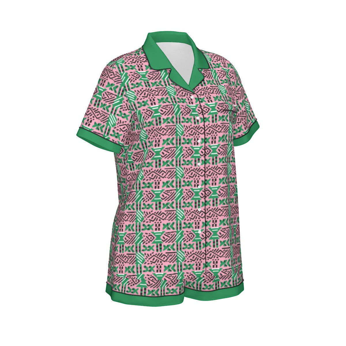 AKA Sorority-Inspired Silk Pajama Set - African Mud Cloth Print with Green Accents