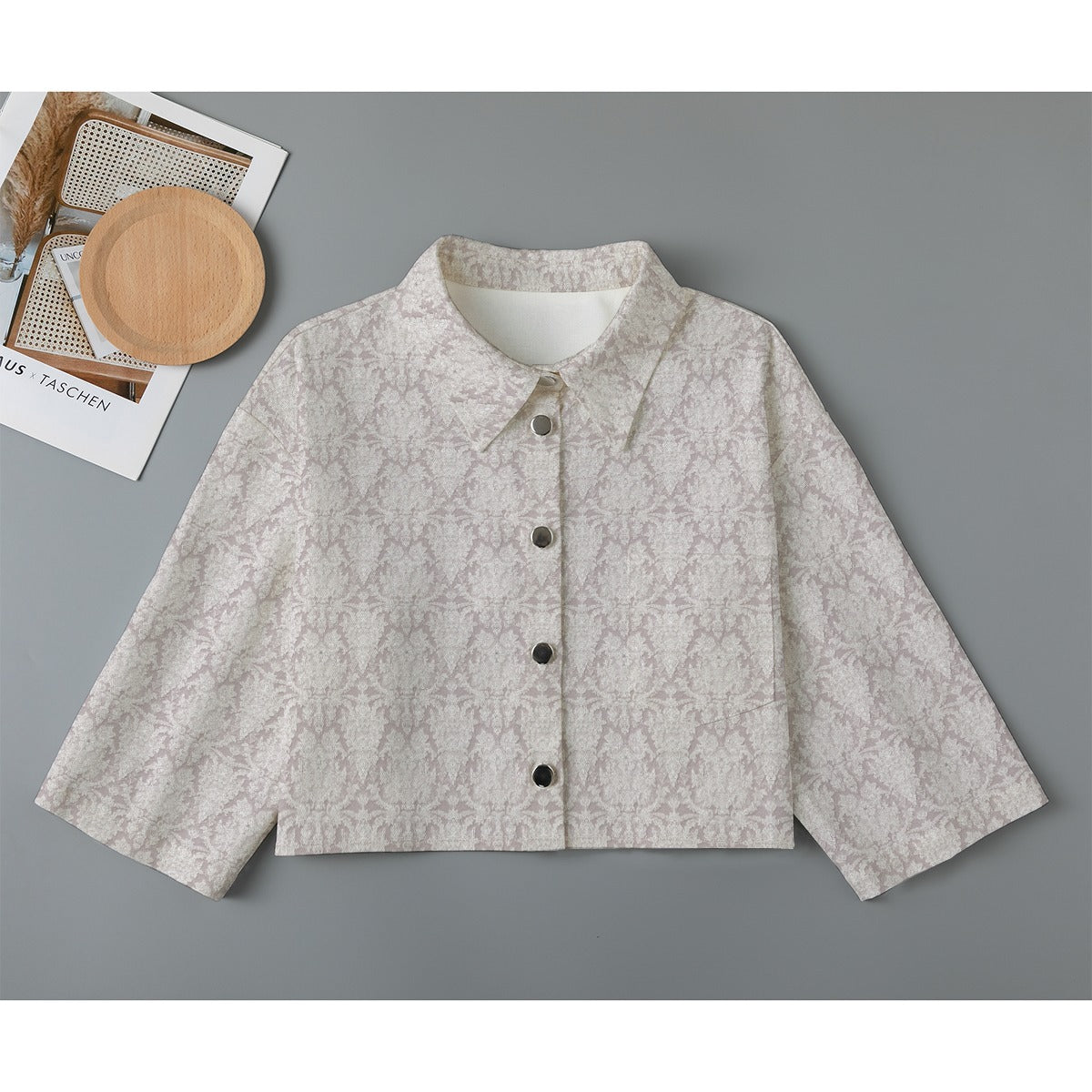 Lace Illusion Cropped Cotton Jacket, Elegant Mid-Sleeve Design