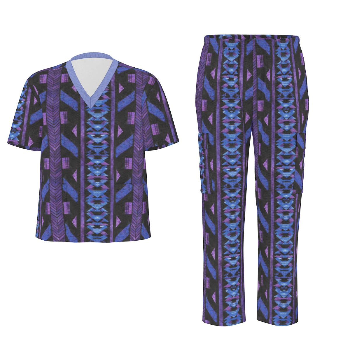 Purple & Blue African Print Unisex Scrub Set, Abstract Tribal Print Medical Uniform