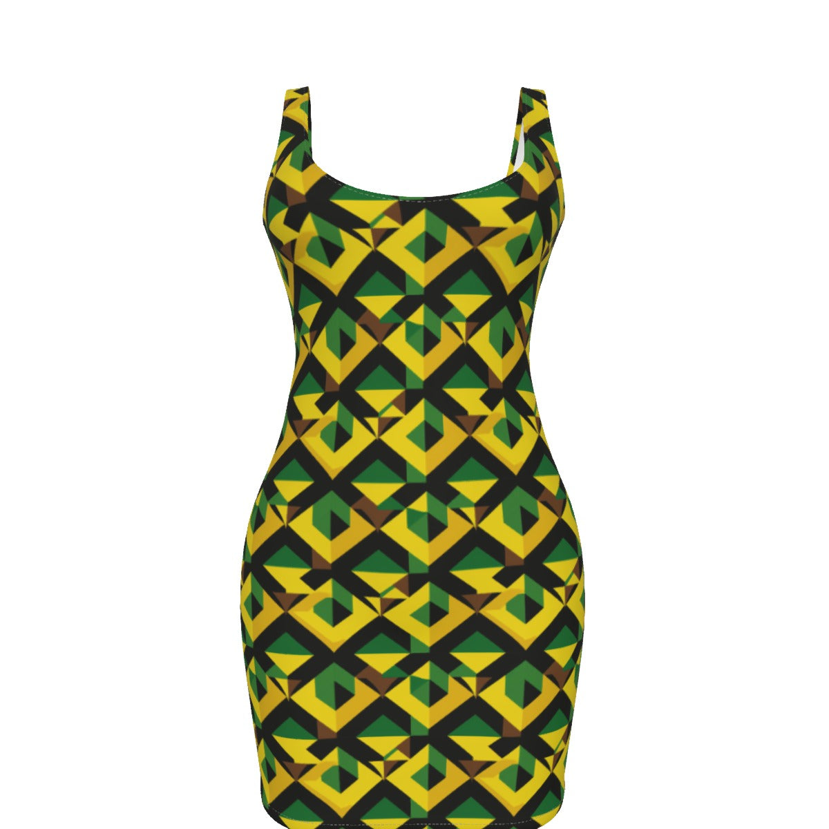 Jamaican Flag Inspired Bodycon Dress, Green, Yellow, and Black Geometric Print Caribbean Themed Apparel,