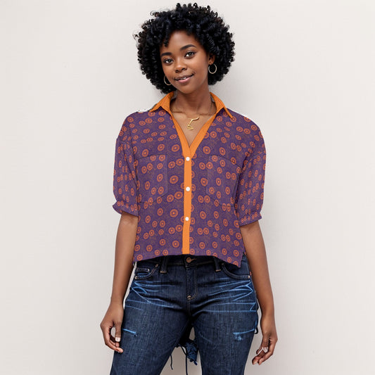 African Spiral Radiance Purple Orange Women's V-Neck Loose Fit Blouse